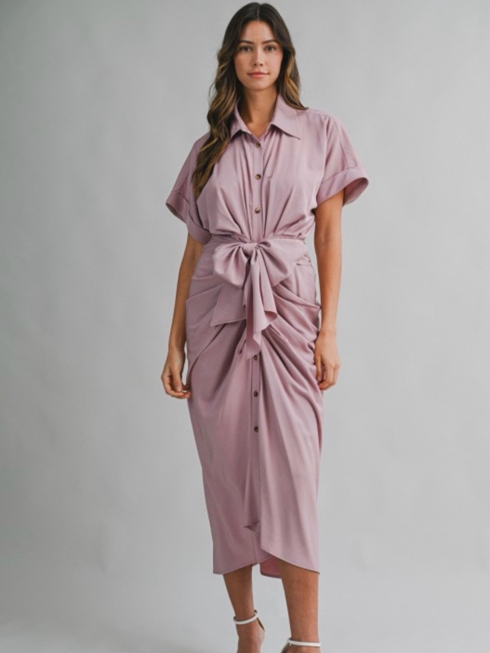 A705. Mable Tie-Front Midi Shirt Dress in Dusty Mauve - Picture 3 of 6